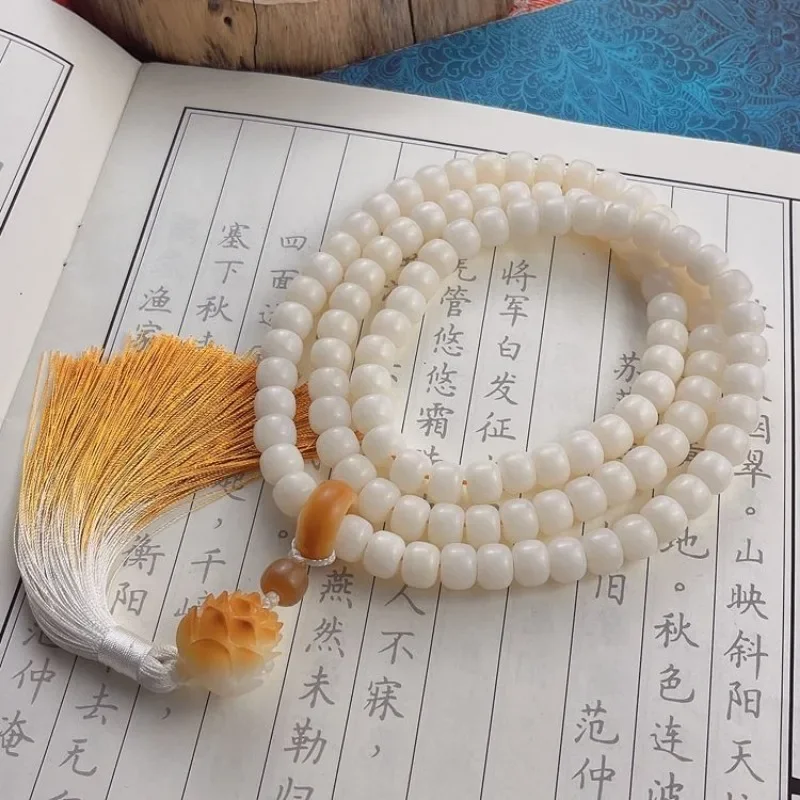 

Natural White Jade Bodhi Root 108 Bracelets Running Rings Charcoal Burning Lotus Flowers Play chanting Beads Prayer HandString