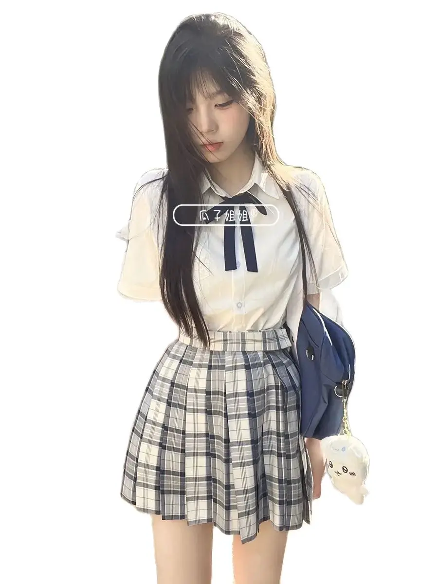 Japan Shirt And Tie Womens 2024 Summer Plaid Skirt Tennis School Y2k Jupe Solid Color Versatile Short-Sleeved T-Shirt