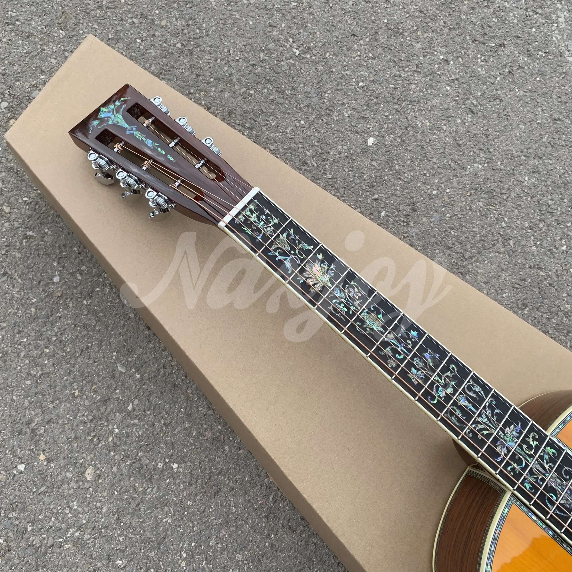 Custom 39 Inches Yellow Solid Spruce OOO Type Acoustic Guitar Abalone Flowers Inlays Ebony Fingerboard