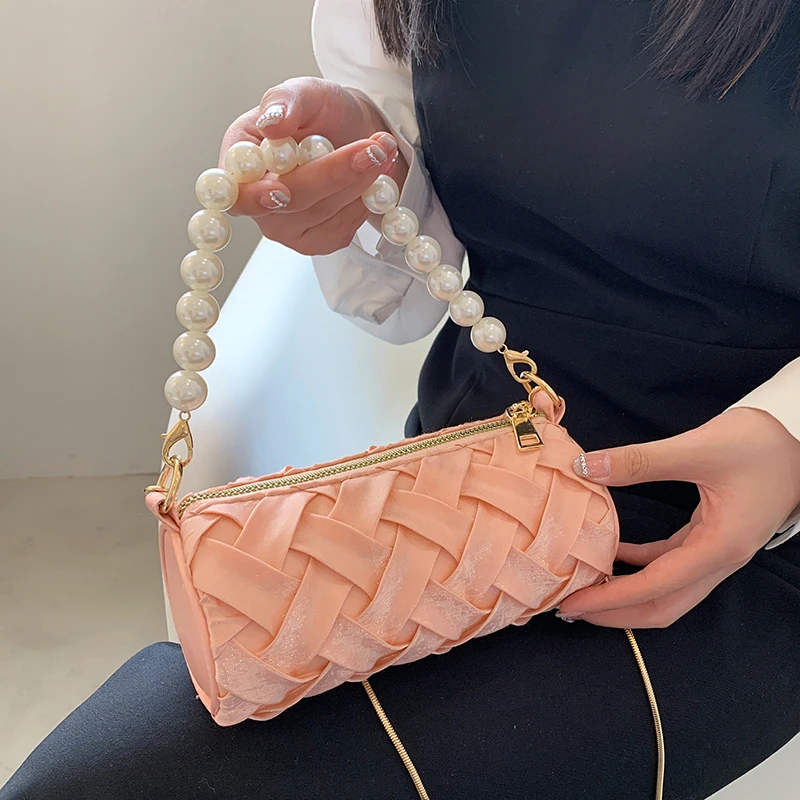 

Summer Handbags for Women 2022 New Pearl Chain Crossbody Bags Fashionable Casual Barrel-shaped Beach Woven Shoulder Bag Woman