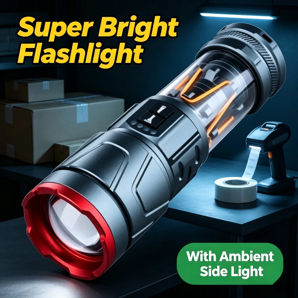 Super‑Bright Long‑Range Flashlight With Ambient Side Light Rechargeable Multifunctional Torch for Outdoor Emergency Camping Use