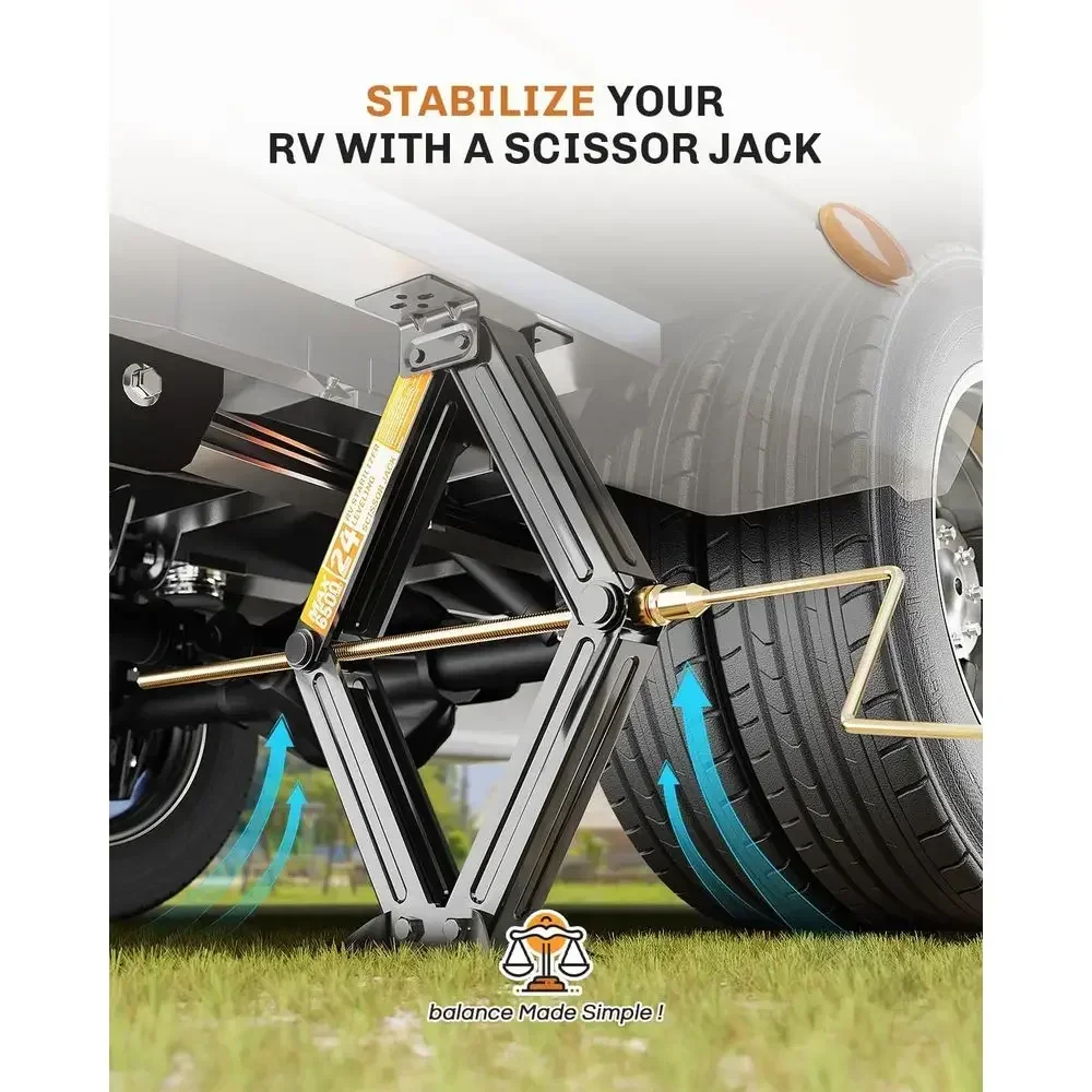 RV Stabilizer Jacks - 6500lbs Heavy Duty Scissor Jacks for Travel Trailer & Camper, Set of 2 with Crank Handle, Drill Bit, 24