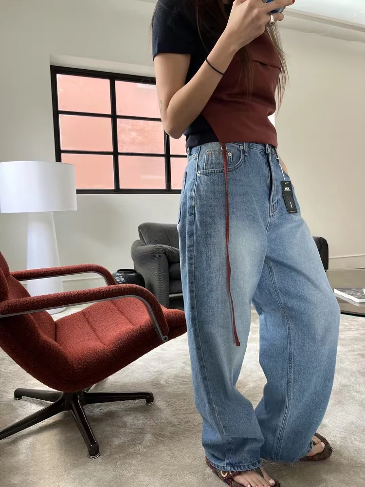 

Slimming High Waist Straight Leg Jeans Light Blue Waed Denim Korean Sle Versatile BAADA Women's Summer Jeans