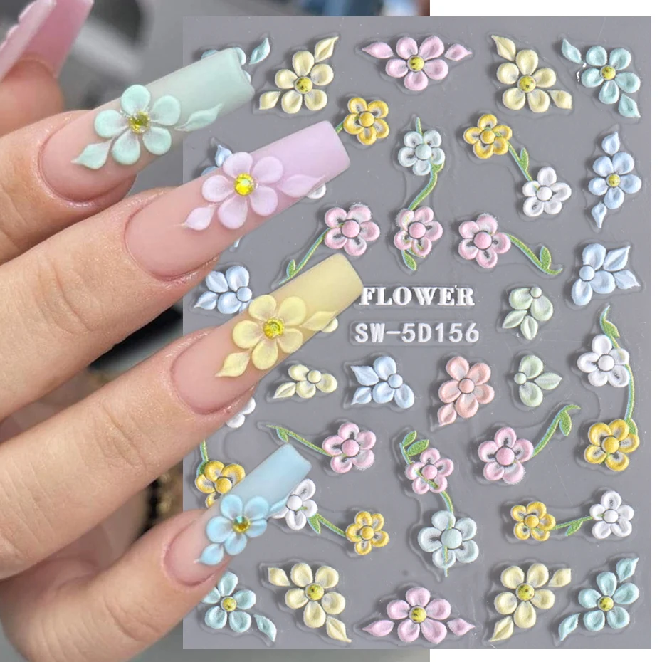 Colorful Flower 5D Embossed Nail Stickers Acrylic Petals Flower Leaves Carved Bow Design DIY Summer Slider Manicure Decoration