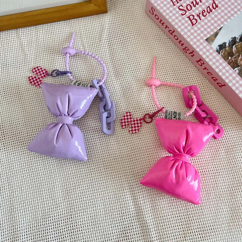 

Sweet Quilted Leather Bow Keychain Organizer Cute Mini Bag Charm for Girls Sweet Korean Candy Color Bow Key Holder with Pendant