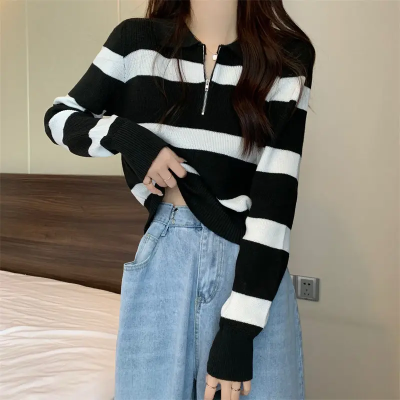 Pullovers Women Striped Students Tender Knitting Design Turn-down Collar Stylish Autumn Simple All-match Korean Style Classic