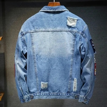 Men Brand Denim Jacket Streetwear Punk Motorcycle Ripped Print Cowboy Coats High Quality Casual Hole Loose Male Jeans Outwear 4