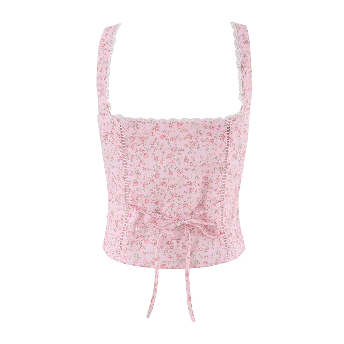 Summer Women's Pink Floral Print Spliced Hollow Out hole Lace Tank Tops Bow V neck Side Zipper Girl Slim Camisole Tee Vests