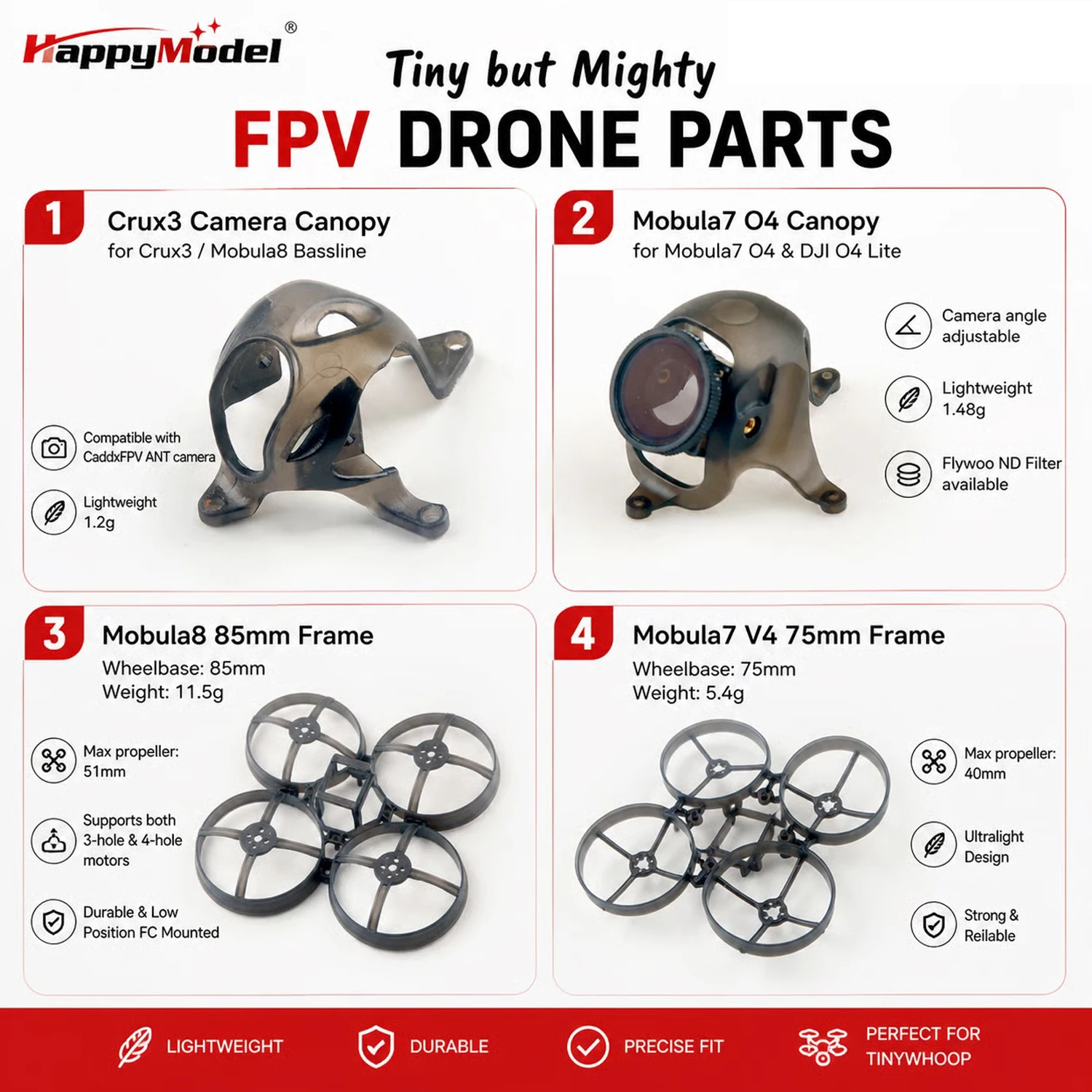 HappyModel Mobula7 V4 75mm / Mobula8 85mm Brushless Tinywhoop Frame & Crux3 DJI O4 Lite Camera for Moblite7 Mobula7 RC FPV Drone