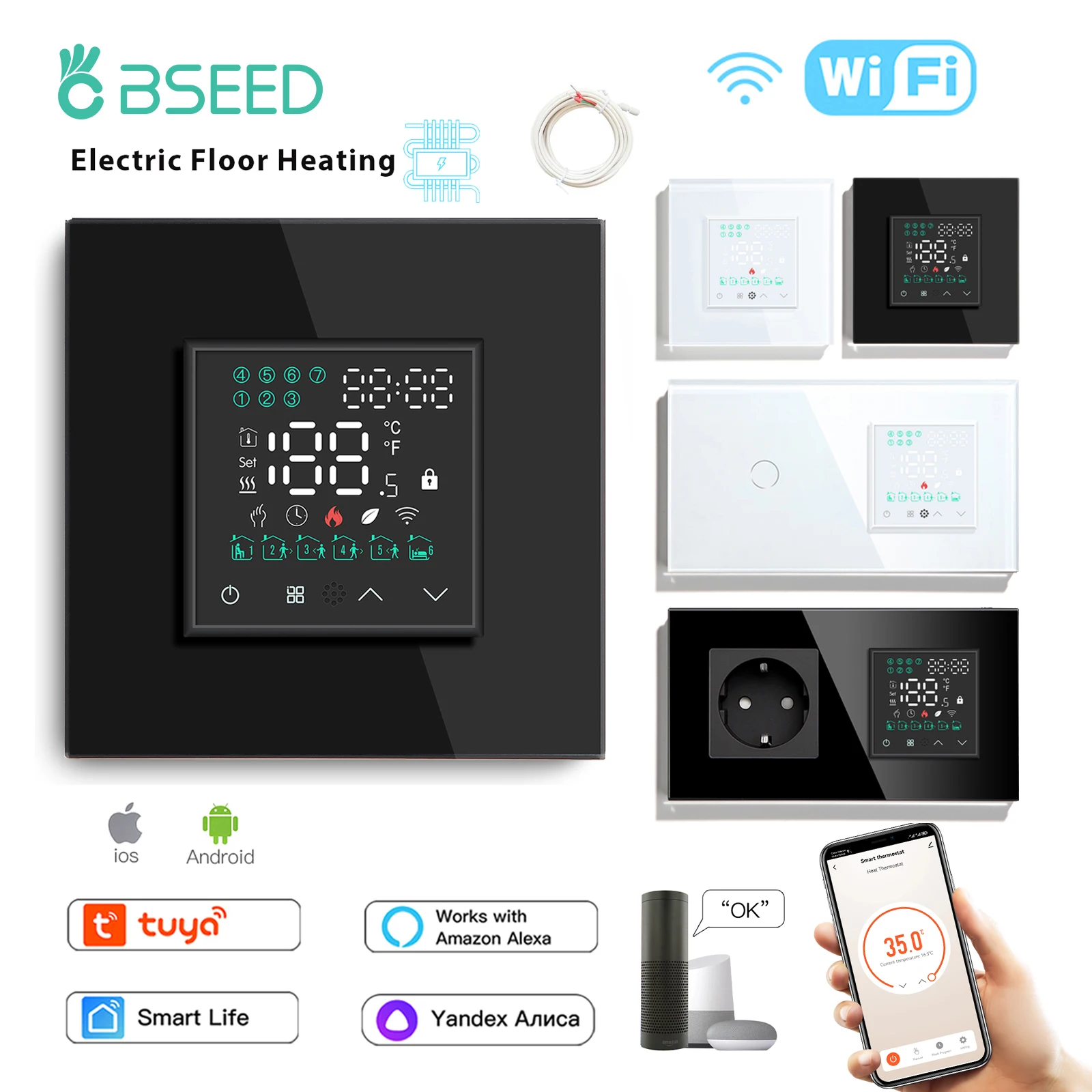 BSEED Wifi Electric Thermostat Floor Heating Room Temperature Controller LED Screen Touch Light Switches Tuya Smart Life Control