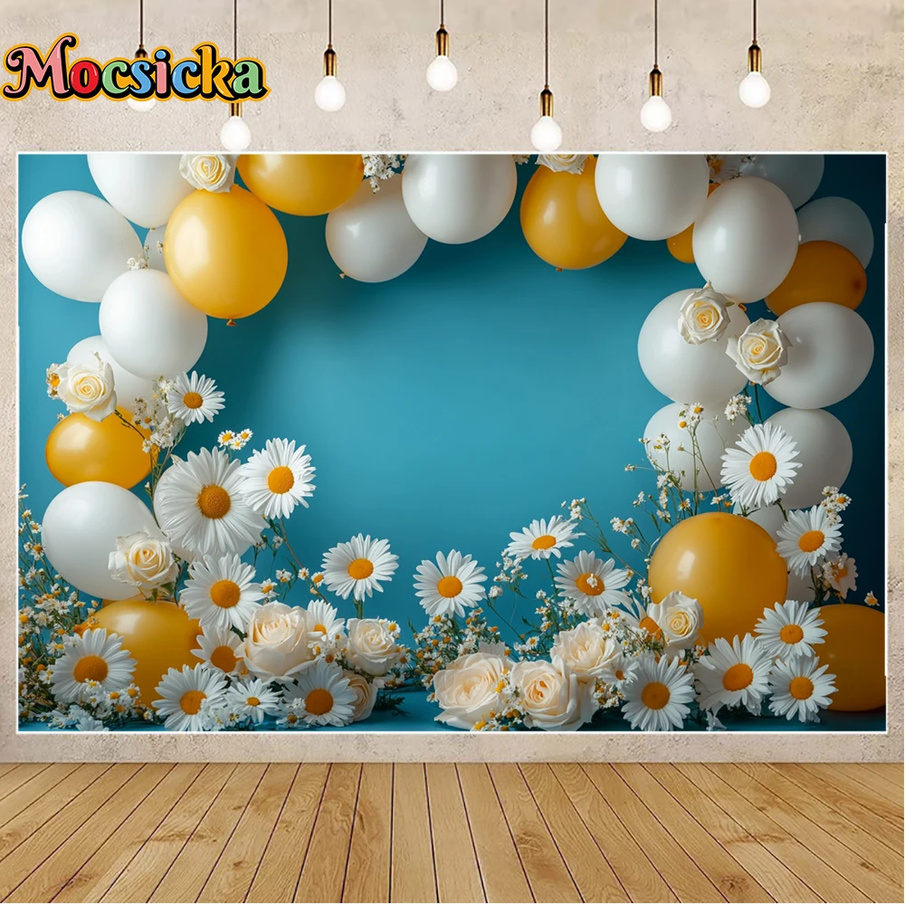 Mocsicka بالون التصوير خلفية أبيض أصفر الإقحوانات الأزرق خمر كعكة سحق الجمالية الأزهار موضوع استوديو ديكور الحفلات