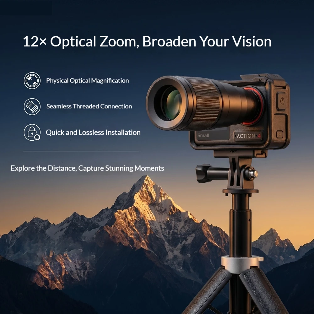 Do kamer DJI Osmo Action 6/5/4: obiektyw teleobiektywowy 12x do fotografii na zewnątrz, zewnętrzny obiektyw z optycznym zoomem i wbudowanym pierścieniem adaptera. — zdjęcie produktu 5