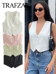 TRAFZA Summer Fashion Women V-neck Vest Elegant Single-Breasted Sleeveless Tops Office Lady Casual Solid Slim Crop Waistcoat