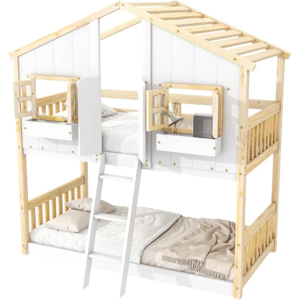 House Bunk Bed Twin Over Twin for Kids, Wood Bunk Beds with Roof, Windows, Window Box and Small Door, Floor Bunk Beds image 4