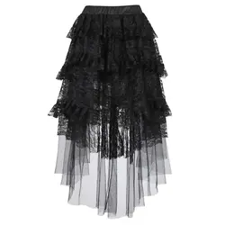 Gothic Sexy Elegant Lace Skirt For Women Layered Pleated Asymmetrical High Low Tulle Long Skirts Vintage Black Fashion Plus Size