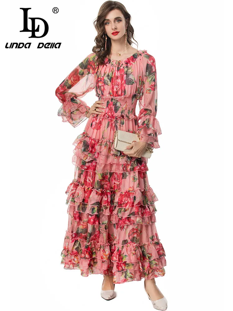 

LD LINDA DELLA 2024 Summer Fashion Dress Women Bohemian Floral Print Chiffon Elastic Waist Cascading Ruffle Temperament Dresses