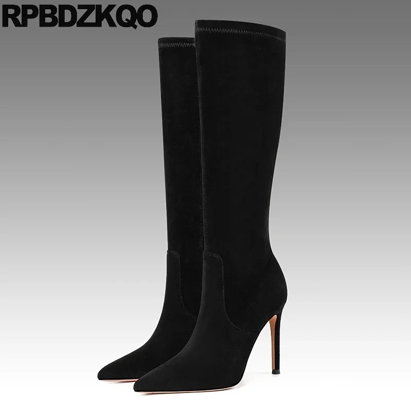 

33 Boots Knee High Pointy Toe 44 Zip Shoes Thin Fetish Women Slim Stretch Extreme Heels Nubuck Sheepskin Plus Size Kitten Heel