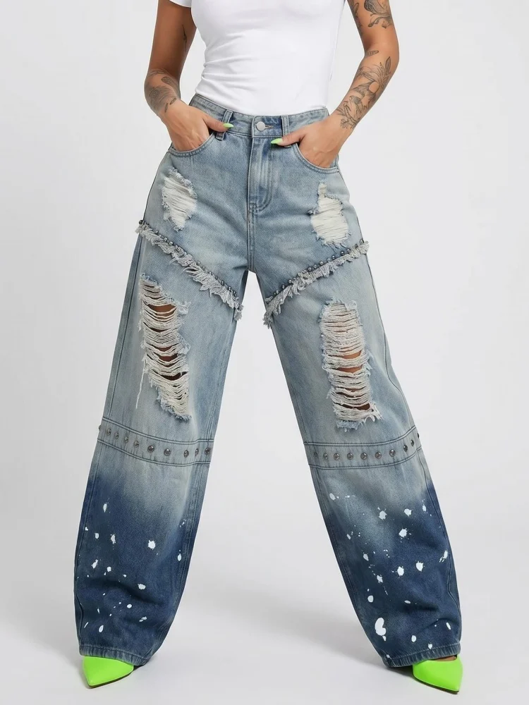 

2026 American Y2K Style Rivet Design Light Blue Baggy Stacked Ripped Jeans Pants For Women Clothes Wide Leg Loose Denim Trousers
