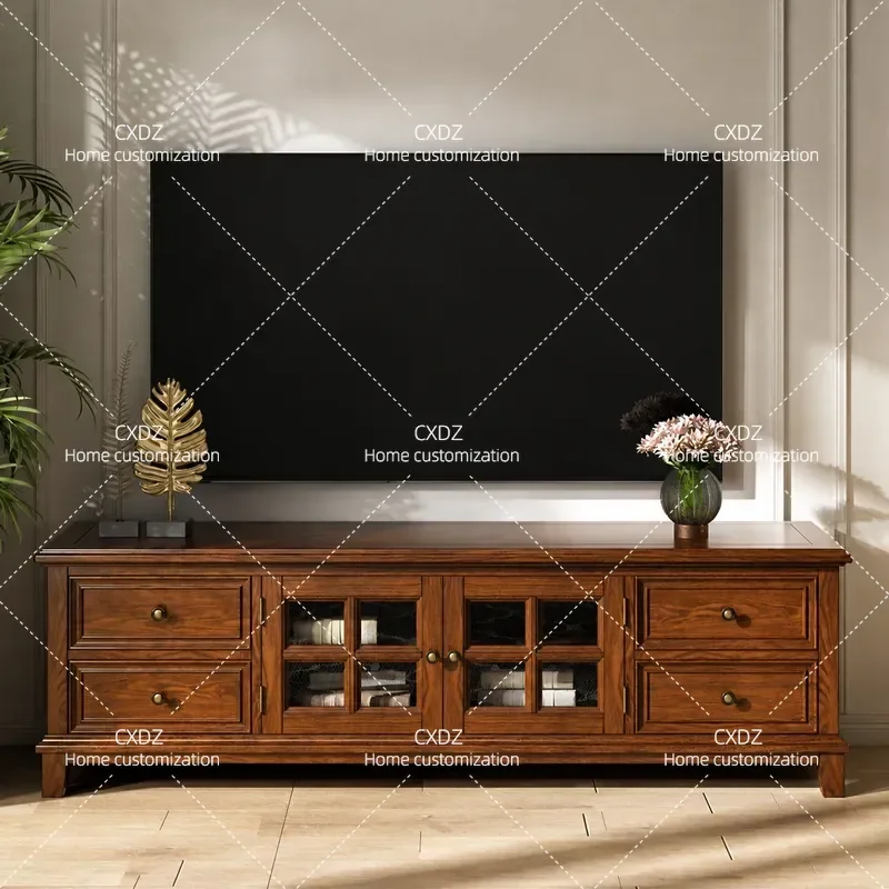 American Solid Wood TV Cabinet and Coffee Table Set Gray Finish Living Room Furniture Country Style Entertainment Center
