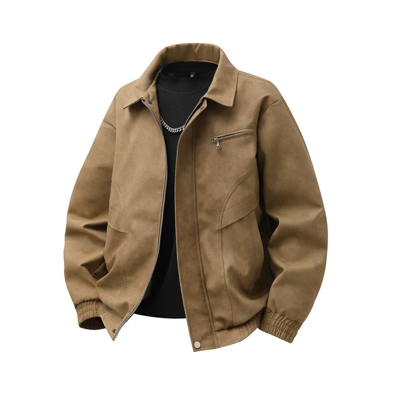 

Винтажные новые модные мужские однотонные пальто с отложным воротником и длинными рукавами на молнии, повседневные модные простые базовые пальто из искусственной кожи