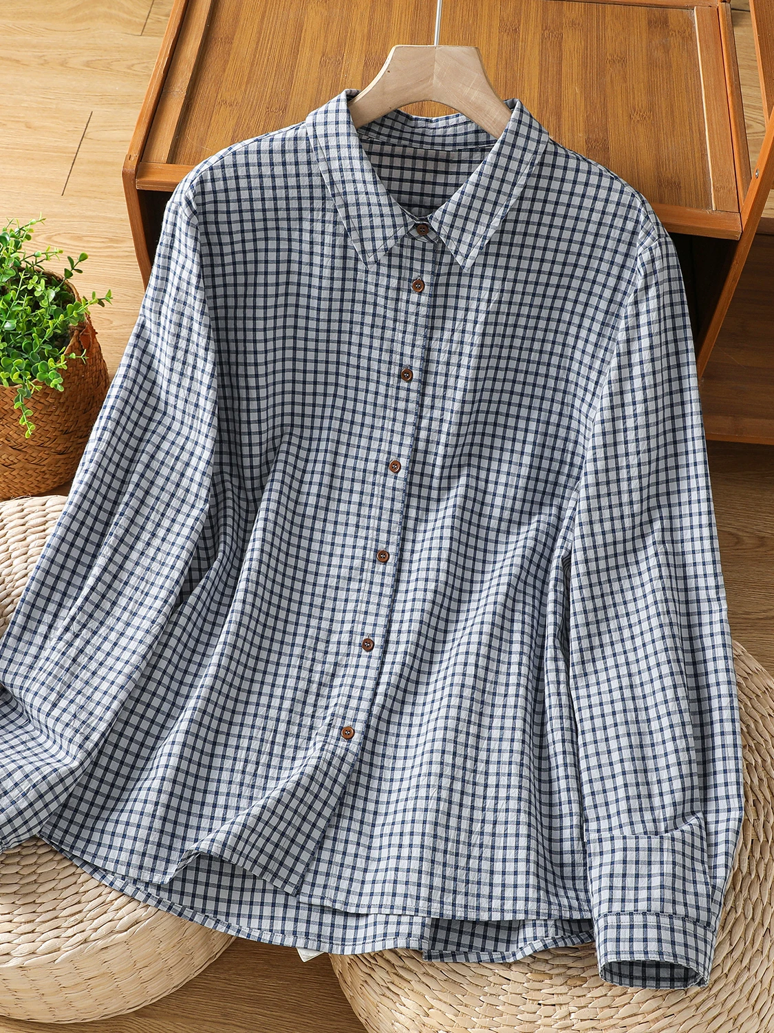 

High-End Blue White Plaid Long Sleeve Women's Casual Shirt Vintage Turn-down Collar Loose Fit UV Protection Summer Fashion