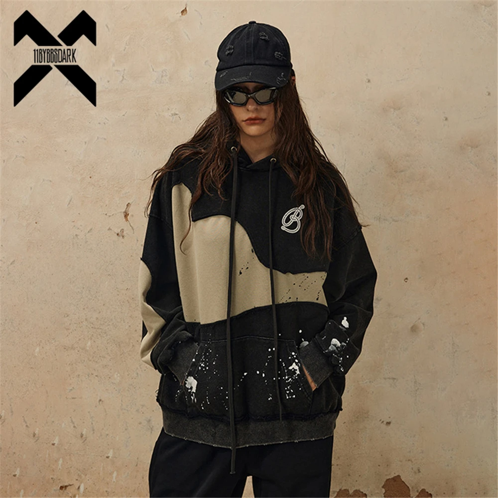 

Vintage Loose Hoodie Sweatshirt Autumn Spring Color Block Patchwork Washed Pullover Men Harajuku Hoodies Hip Hop Streetwear