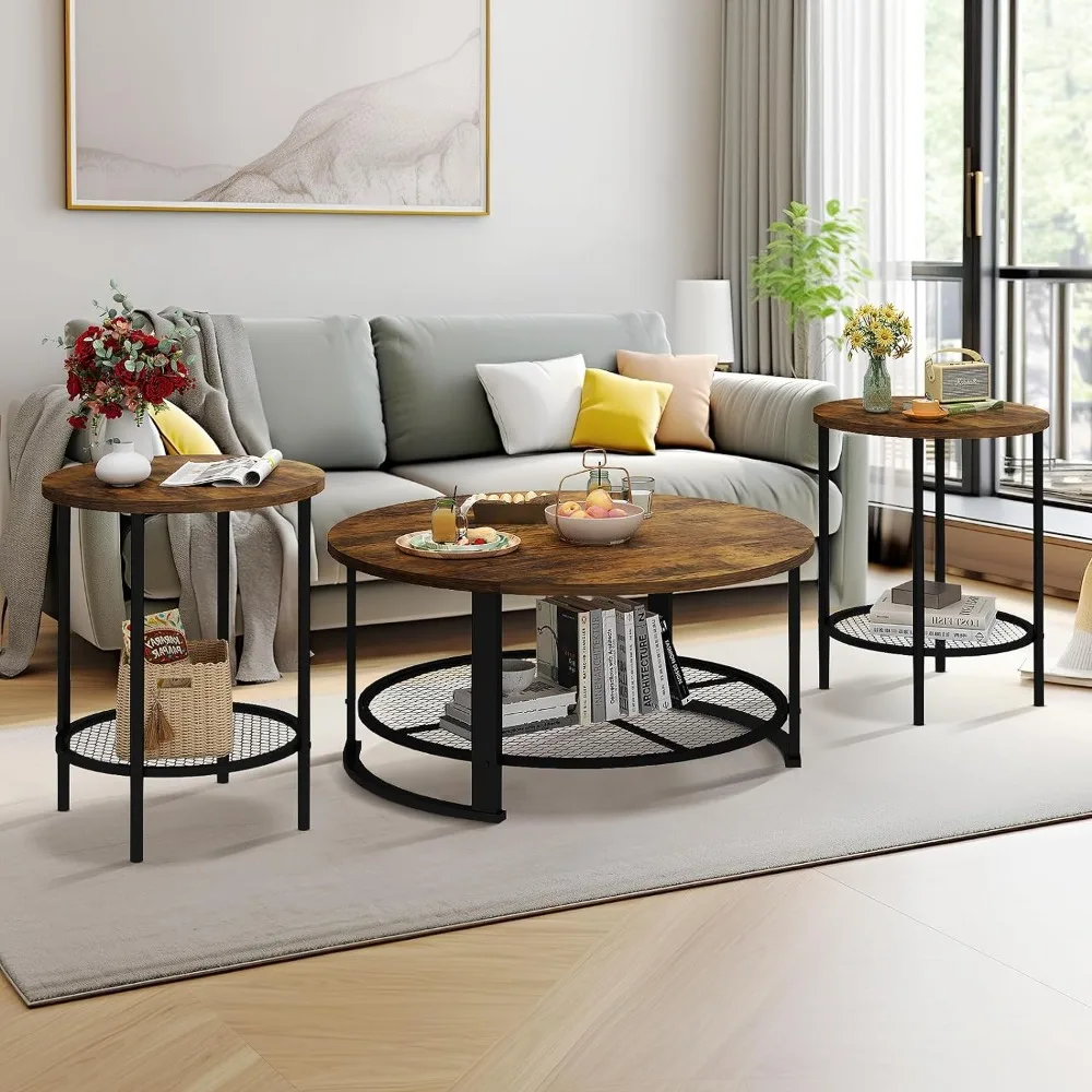 Coffee Table Set W/Two End Side Tables, Modern 3-Piece Table Set for Office, Living Room, Apartment, Easy Assembly Furniture