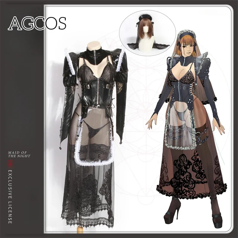 Agcos-Disfraz de sirvienta de medianoche para mujer, diseño original, disfraz de Halloween, roleplay, punk, Pu, vestido de sirvienta oscura, monos de cosplay sexy