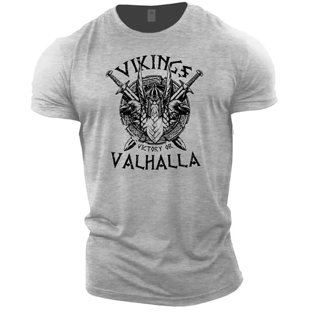 

"vikings Victory or Valhalla Grey Tshirt Warrior Helmet Crossed Swords Print Unisex Cotton Streetwear Nordic Mythology Casual