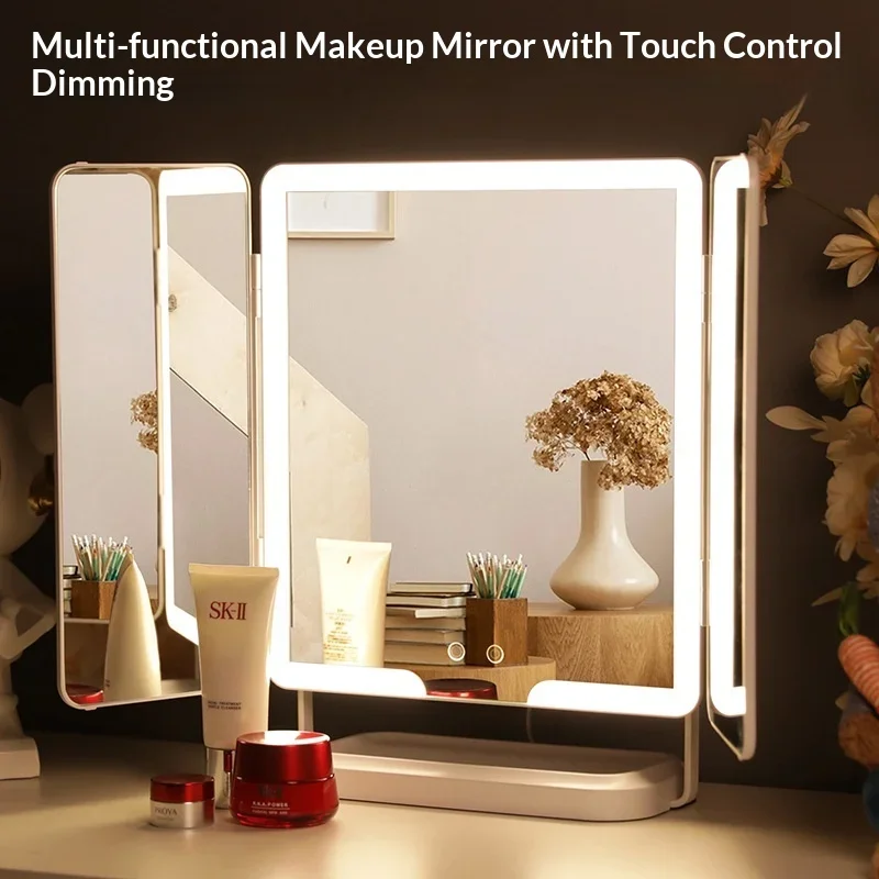Floor Mirror LED Lighted Full Body Tri Fold Portable Dressing Mirror Large Full Length Standing Mirror Living Room Furniture
