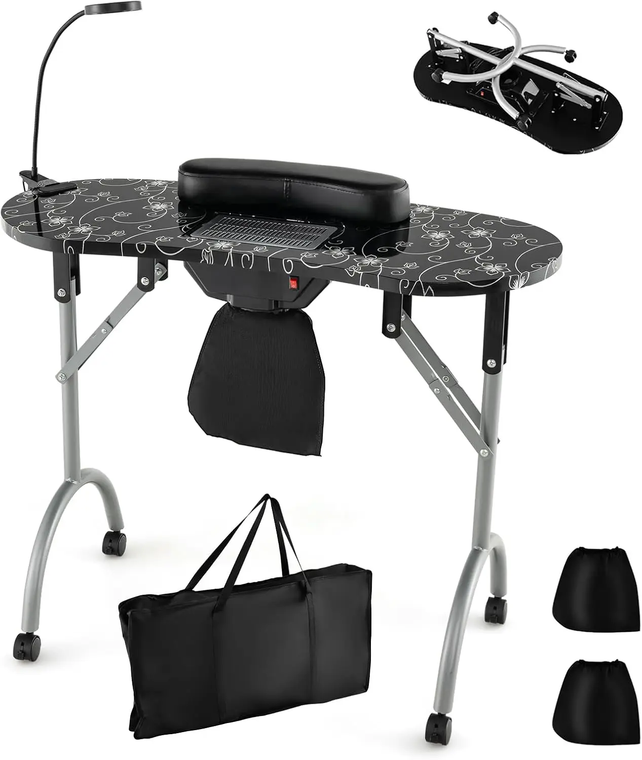 Portable Nail Table, Foldable Nail Technician Desk w/Electric Dust Collector, Bendable LED Lamp, Removable Armrest Pad, Carry Ba