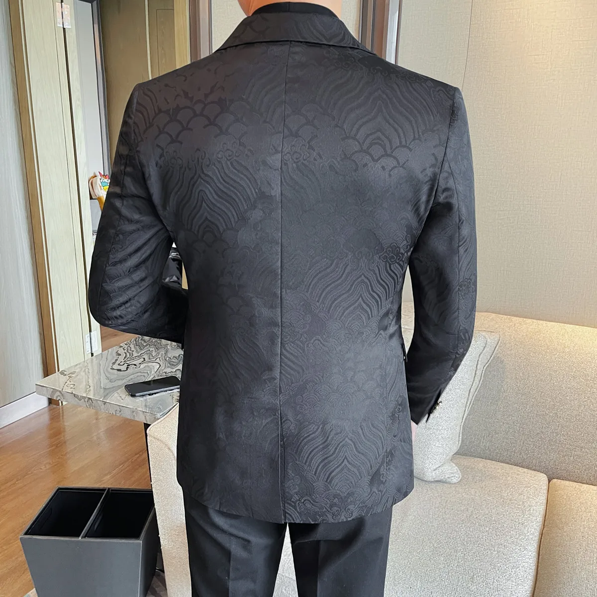 Men's Korean Style Floral Print Suit Jacket - Black Slim Fit Blazer Business Casual Premium Textured Design Classic Print Blazer