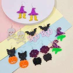 KUGUYS Funky Cartoon Halloween Drop Earrings for Women Witch Pumpkin Cat Skull Glitter Acrylic Jewelry Interesting Accessories