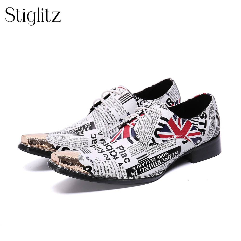 

Letter Print Metal Tip Shoes Elegant British Style Men's Leather Shoes Novelty Designer Style Lace-Up Pointed Toe Leather Shoes