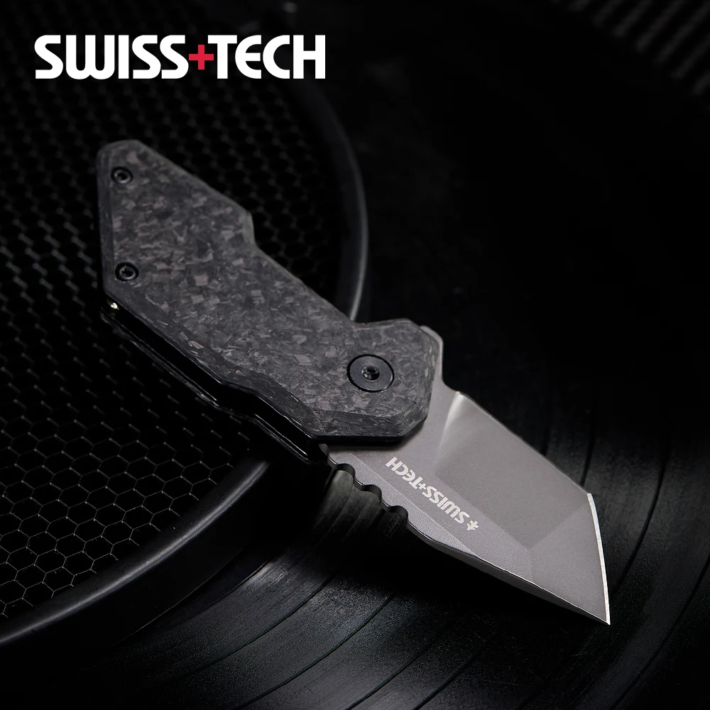 

SWISSTECH Ультракомпактный и уникальный карманный нож Складные ножи EDC, лезвие Sandvik-14C28N с титановым покрытием, ручка из углеродного волокна