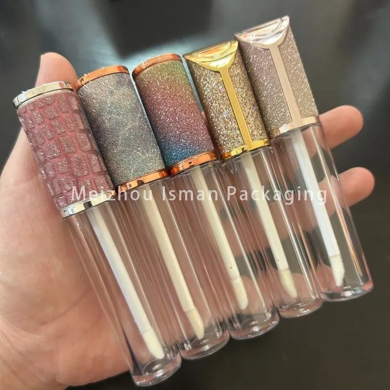 50Pcs empty luxury round bling rainbow glitter top lipgloss packaging shiny lip gloss container wand tubes with brush 5ml