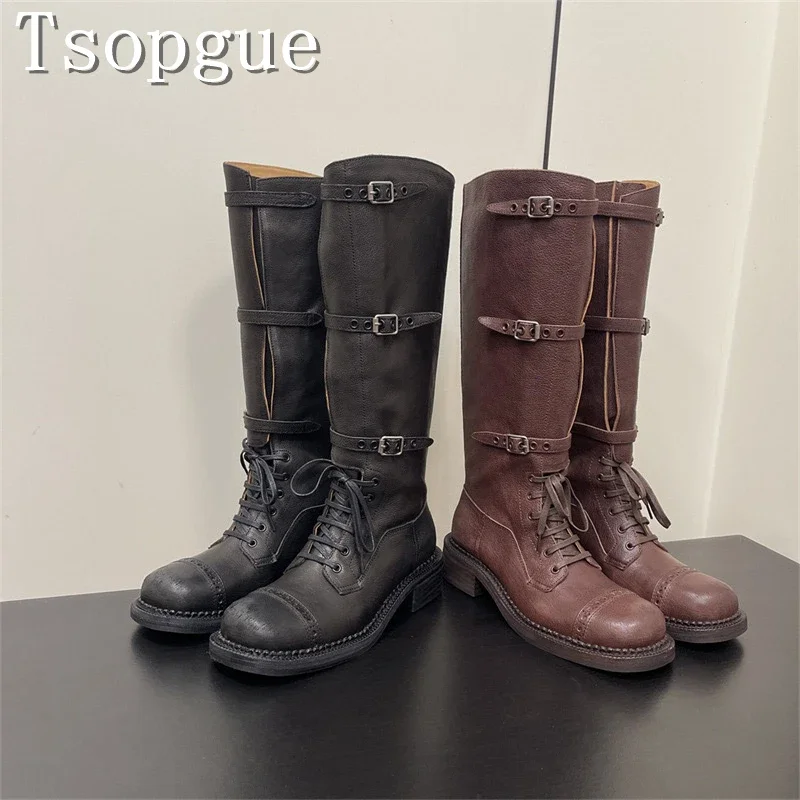 

Brand New Chunky Heel Fashion Long Boots Women's Western Cowboy Boots Retro Metal Belt Buckle Thick-Soled Knight Boots