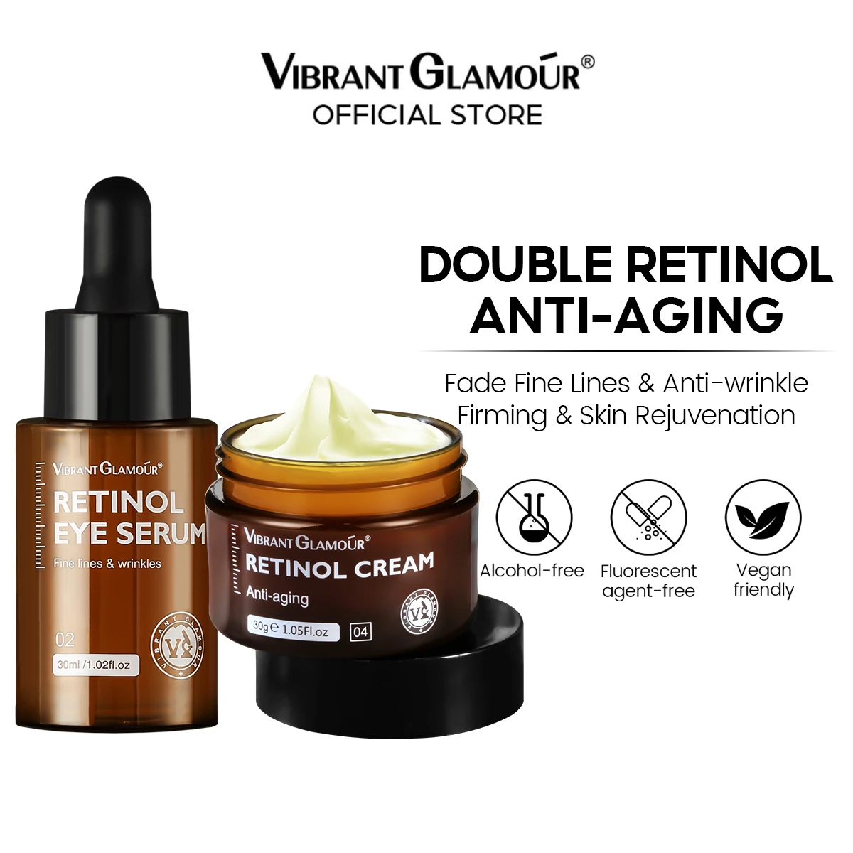 Glamour vibrante-Retinol Rosto Creme e Eye Serum, Firming e Lifting, Anti-Envelhecimento, Reduzir Rugas, Linhas Finas, Cuidados com a Pele Facial, 2 p