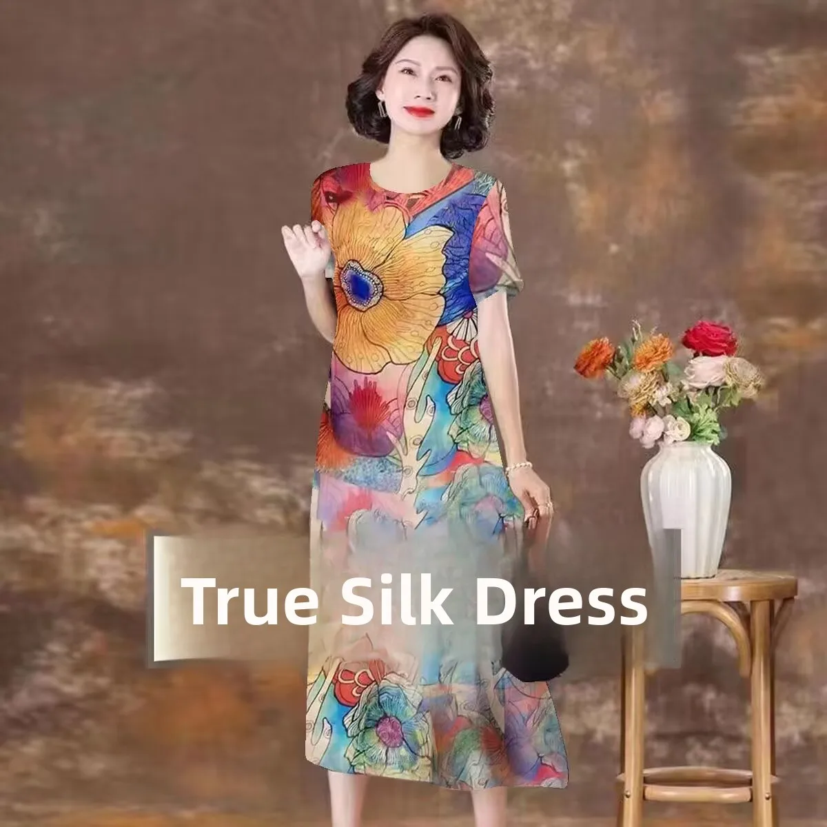 Seta angyun Pesante Estate Dr Donna Sciolto Taglia grande Mamma di mezza età Seta Dr Stampa floreale A-Line Midi Dr