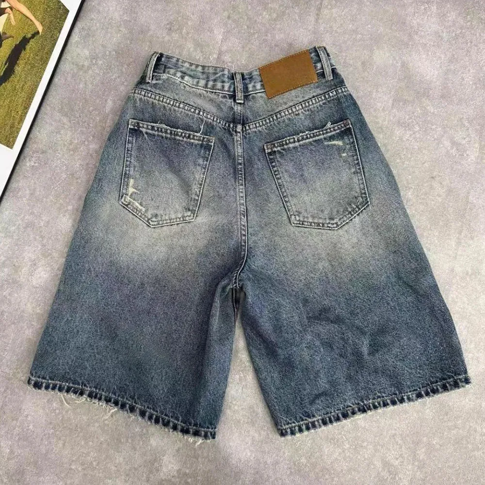 Large Size Denim Shorts Women's Summer 2026 New High Waist Knee Length Jeans Female Fashion Chic Ripped Hole Five-point Pants view 5