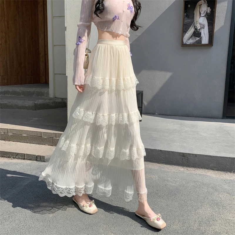 

Fairy Pleated Mesh Stitching Lace Skirt Women's Spring New High Waist and Thin Long Cake Skirts