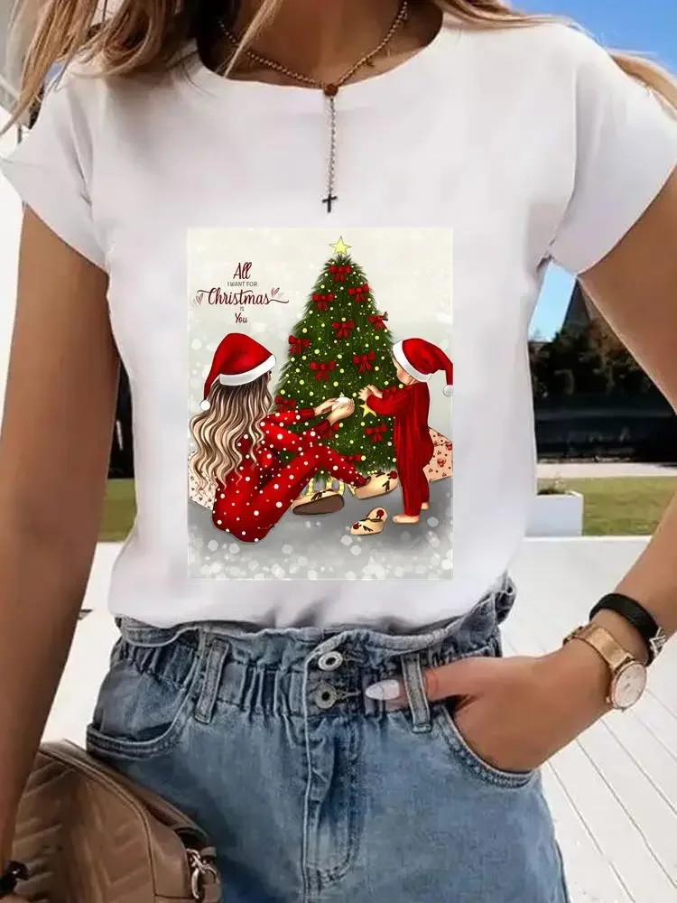 Trend Print Women Tee Christmas Holiday Top Fashion Lady New Year Shirt Clothing Clothes Graphic T-shirts