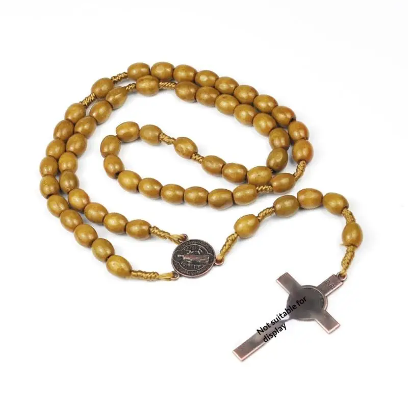 Car Hanging Ornament 33 Beads Wood Rosary Necklace Handmade Religious Wood Prayer Necklace for Auto Rearview Mirror