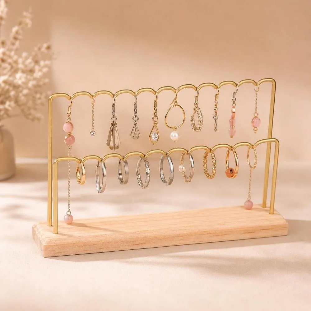 Multi-Layer Earring Display Stand Jewelry Photography Prop Natural Wood Base Jewelry Holder Rack Hanging Bar Stand Space Saving
