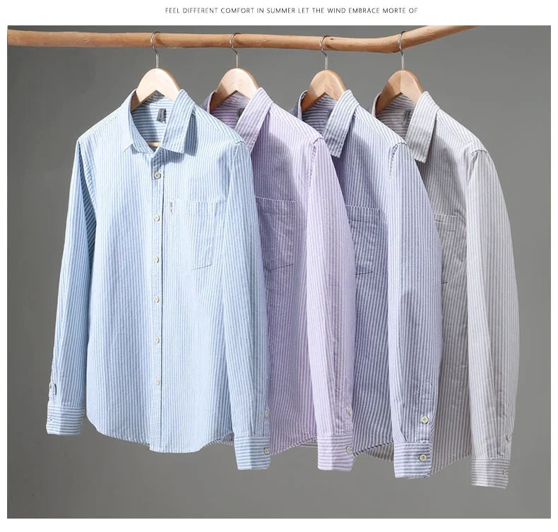 

Весенне-летние новые мужские рубашки с длинным рукавом, японские свежие полосатые рубашки, мужские повседневные рубашки из 100% хлопка, простые топы с карманами с лацканами