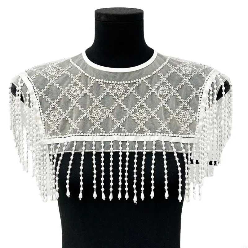 

L5YC Classical Chinese Lace Faux Collar Tassels Shawl Shoulder Wrap With Beadwork Pearls For Weddings Cultural Occasion