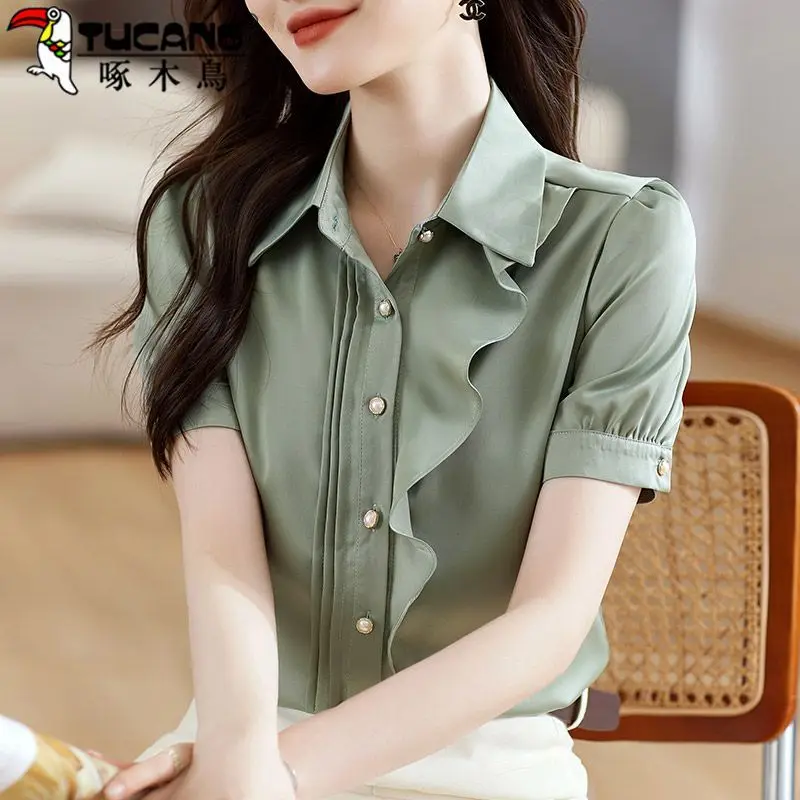 

Chiffon Shirt Top for Women Short Sleeved Summer New Style Fashionable Temperament Versatile