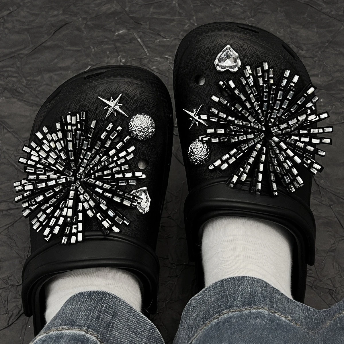 8PCS Shiny Firework Starbust DIY Shoe Charms Accessories Silvery Heart Clogs Shoe Buckles Decorations Round Beads Shoe Clips