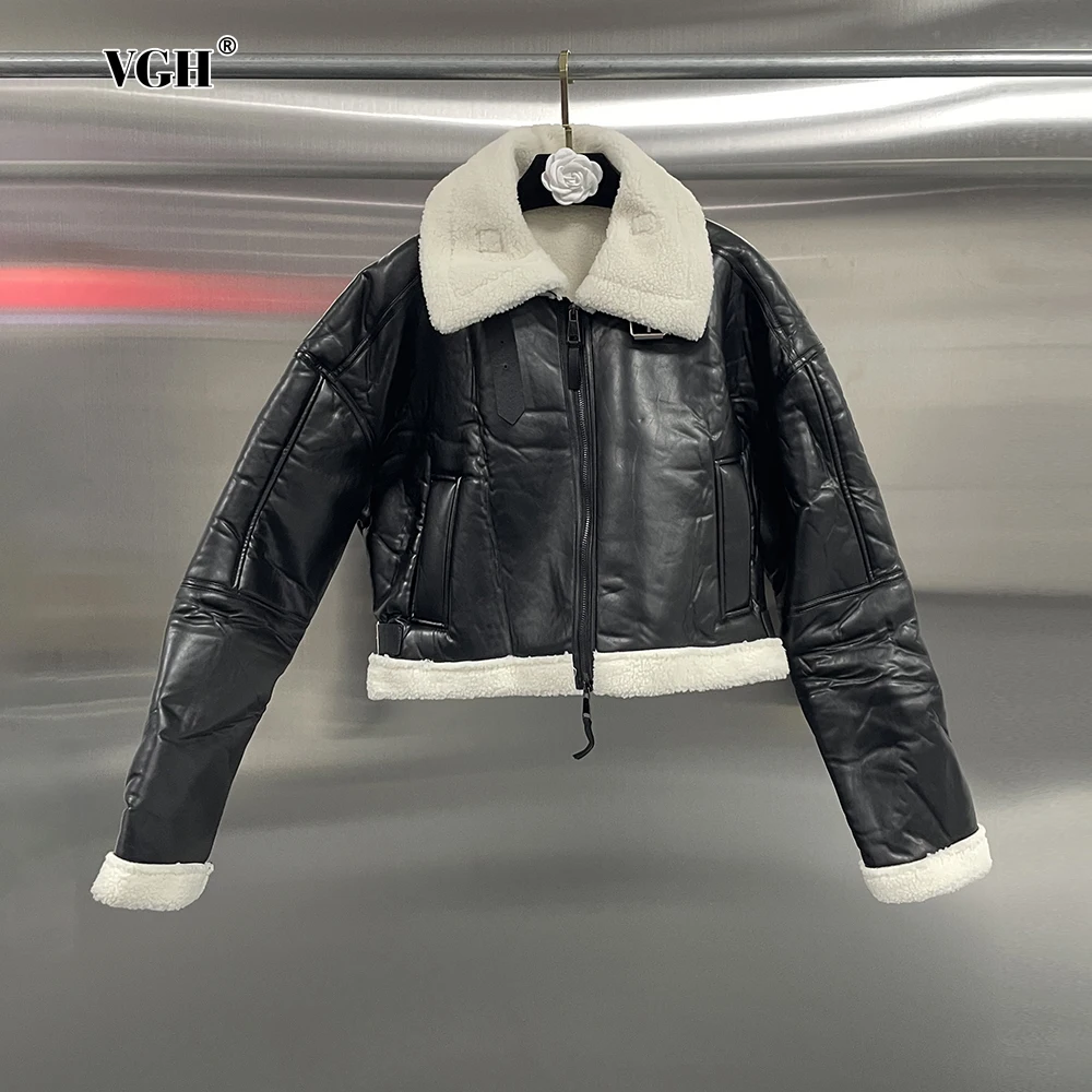 VGH Hit Color Patchwork Lambwool Jackets For Women Lapel Long Sleeve Spliced Zipper Streetwear Casual Winter Coat Female Fashion