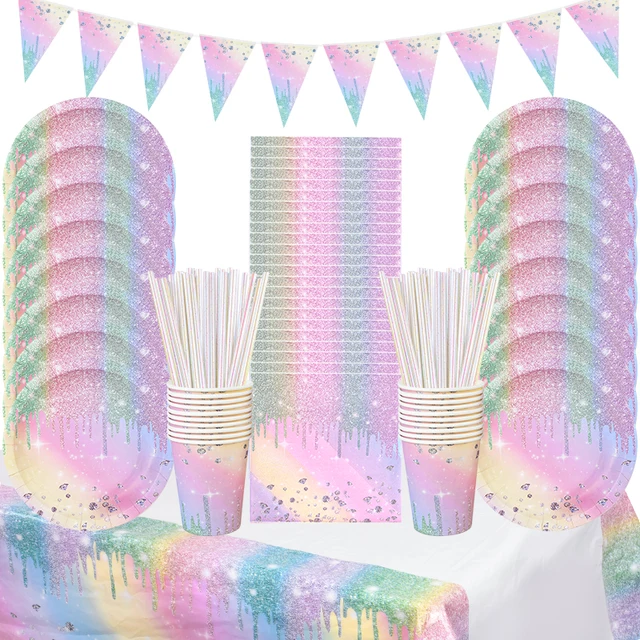 Opalizujący diamentowy zestaw jednorazowej zastawy stołowej Papierowy talerz Kubek Serwetki Dziewczynki Dzieci Urodziny Party Dekoracje Dostawy Baby Shower